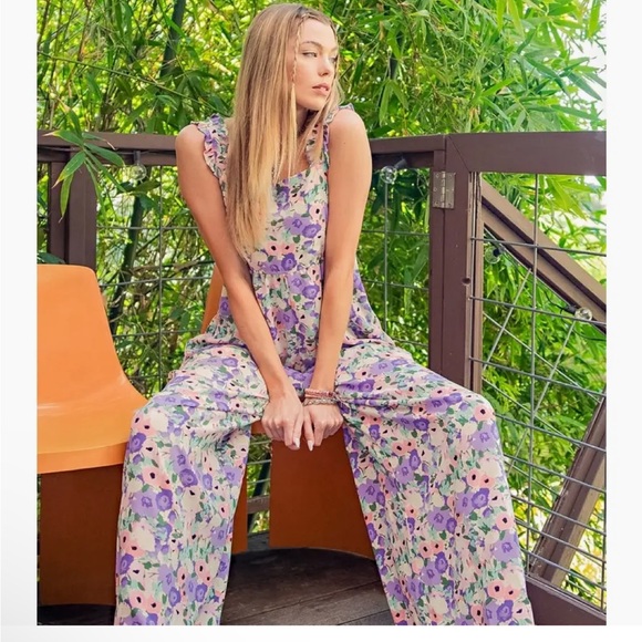 New Kori Floral Print Ruffle Straps with Back Tie Jumpsuit in Lavender Size XL - Picture 4 of 14